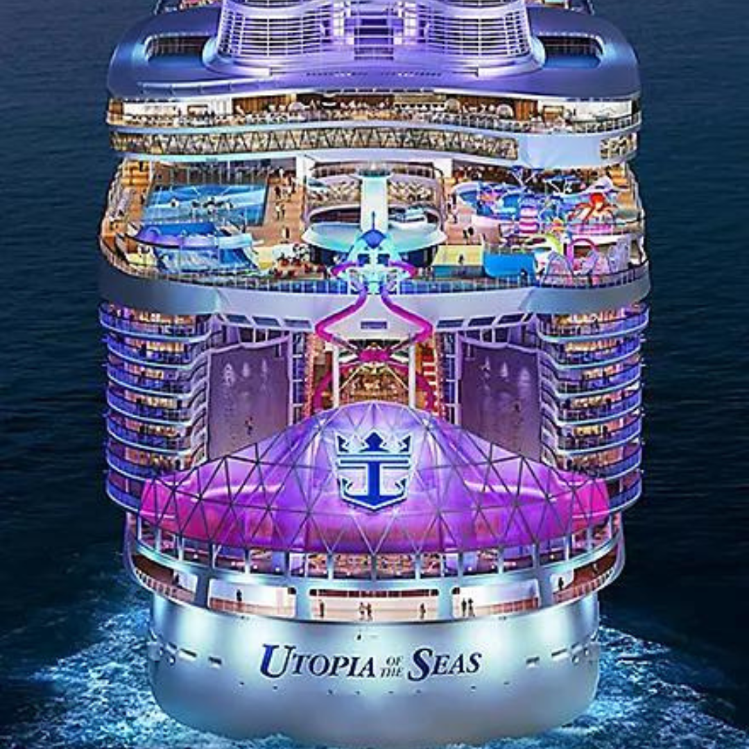 The back of royal caribbean ship with purple led lights, a pool, a surf simulator all lit up at night