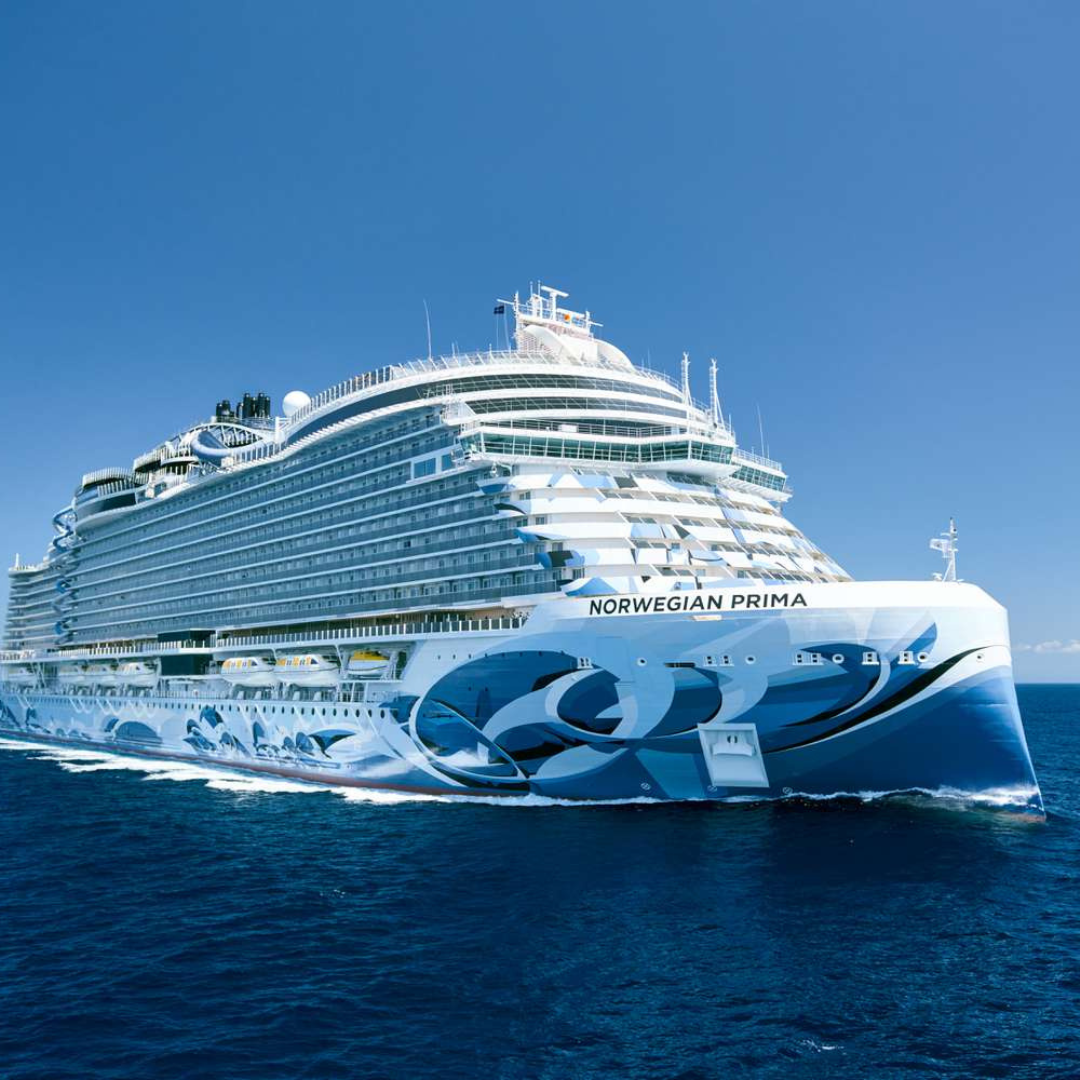 a cruise ship with blue waves on the bottom