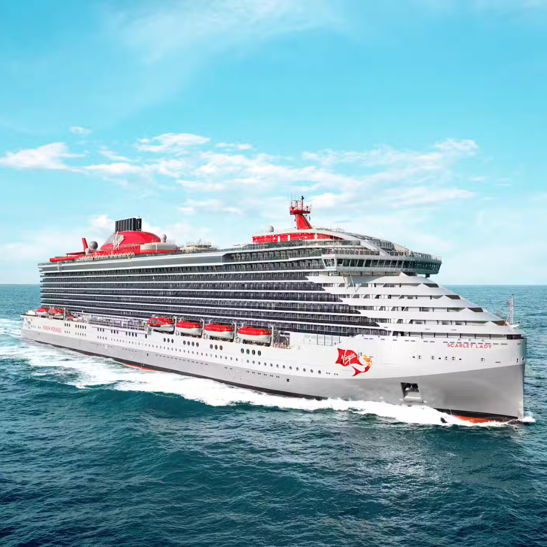 white cruise ship with red funnel